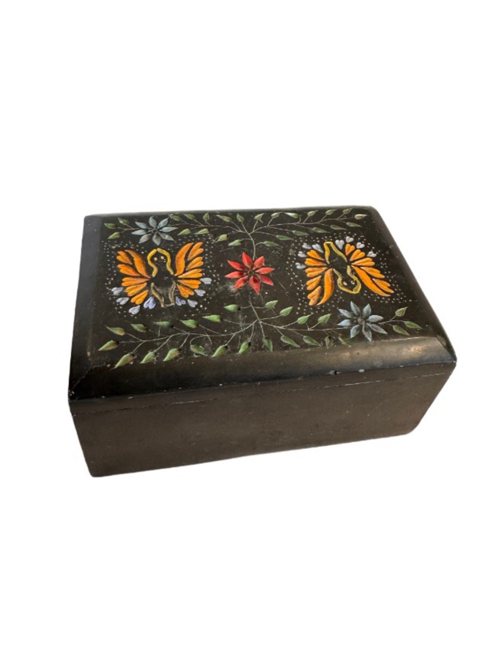 VTG Hand Carved Floral Black Soapstone Trinket Box Hinged Lid Painted Handmade